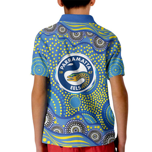 Parramatta Eels Kid Polo Shirt Aboriginal Dot Pattern - Rugby Mascot Heritage Pride