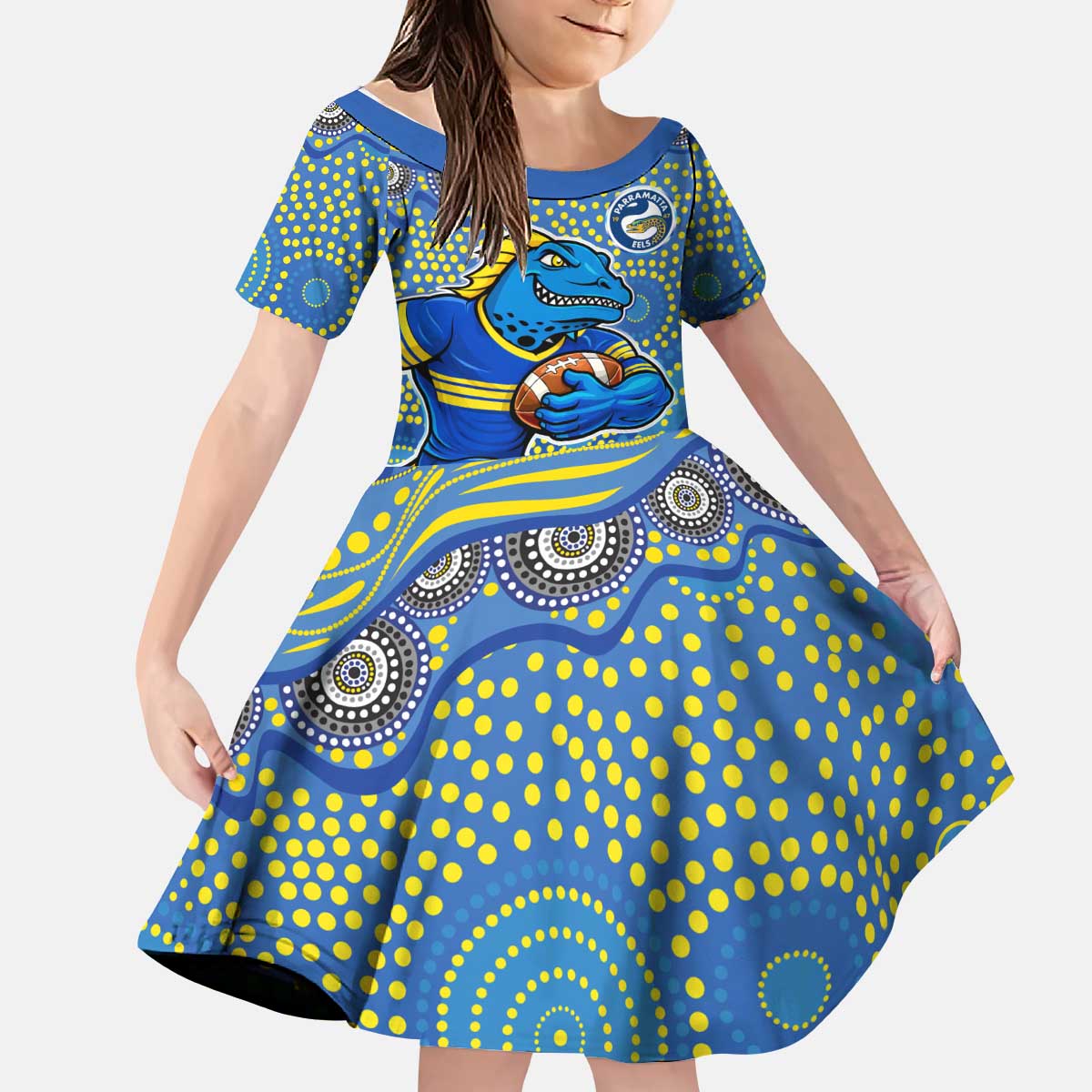 Parramatta Eels Kid Short Sleeve Dress Aboriginal Dot Pattern - Rugby Mascot Heritage Pride