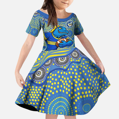 Parramatta Eels Kid Short Sleeve Dress Aboriginal Dot Pattern - Rugby Mascot Heritage Pride