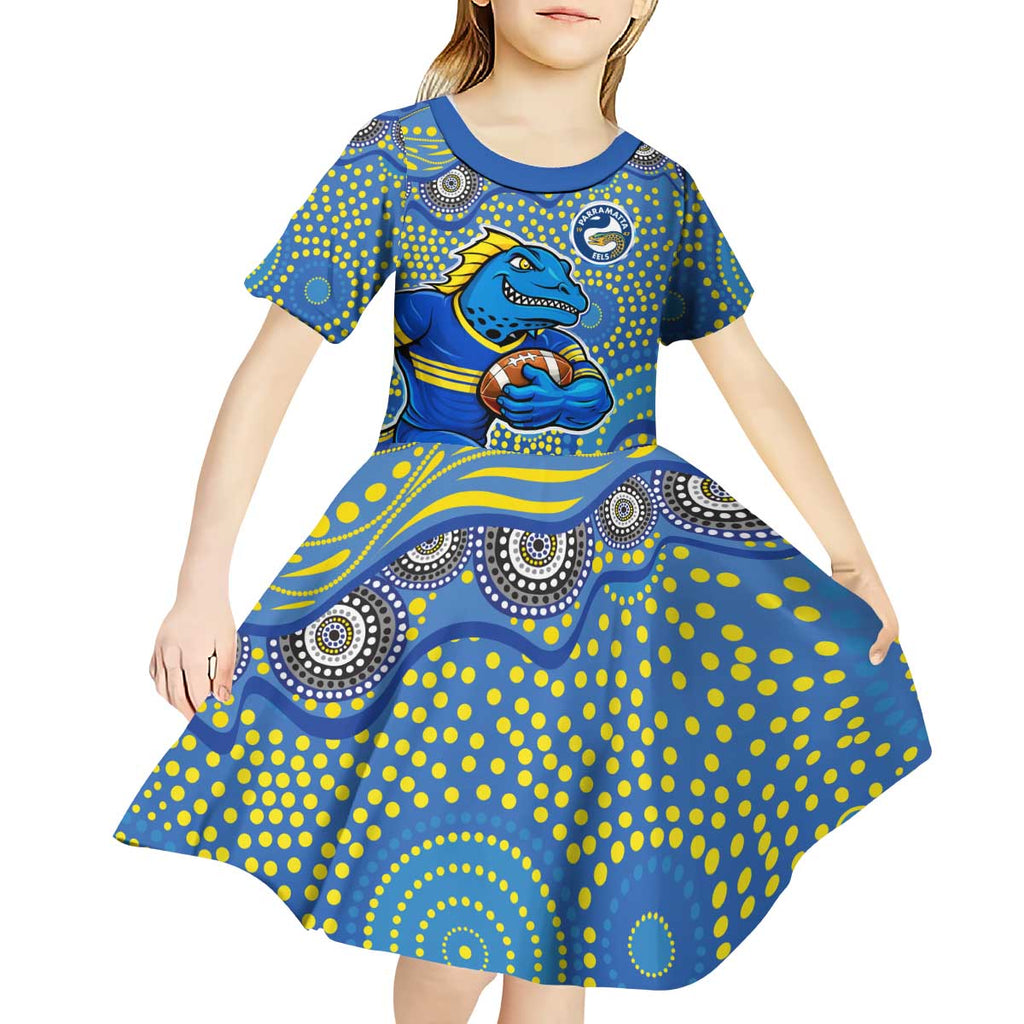 Parramatta Eels Kid Short Sleeve Dress Aboriginal Dot Pattern - Rugby Mascot Heritage Pride