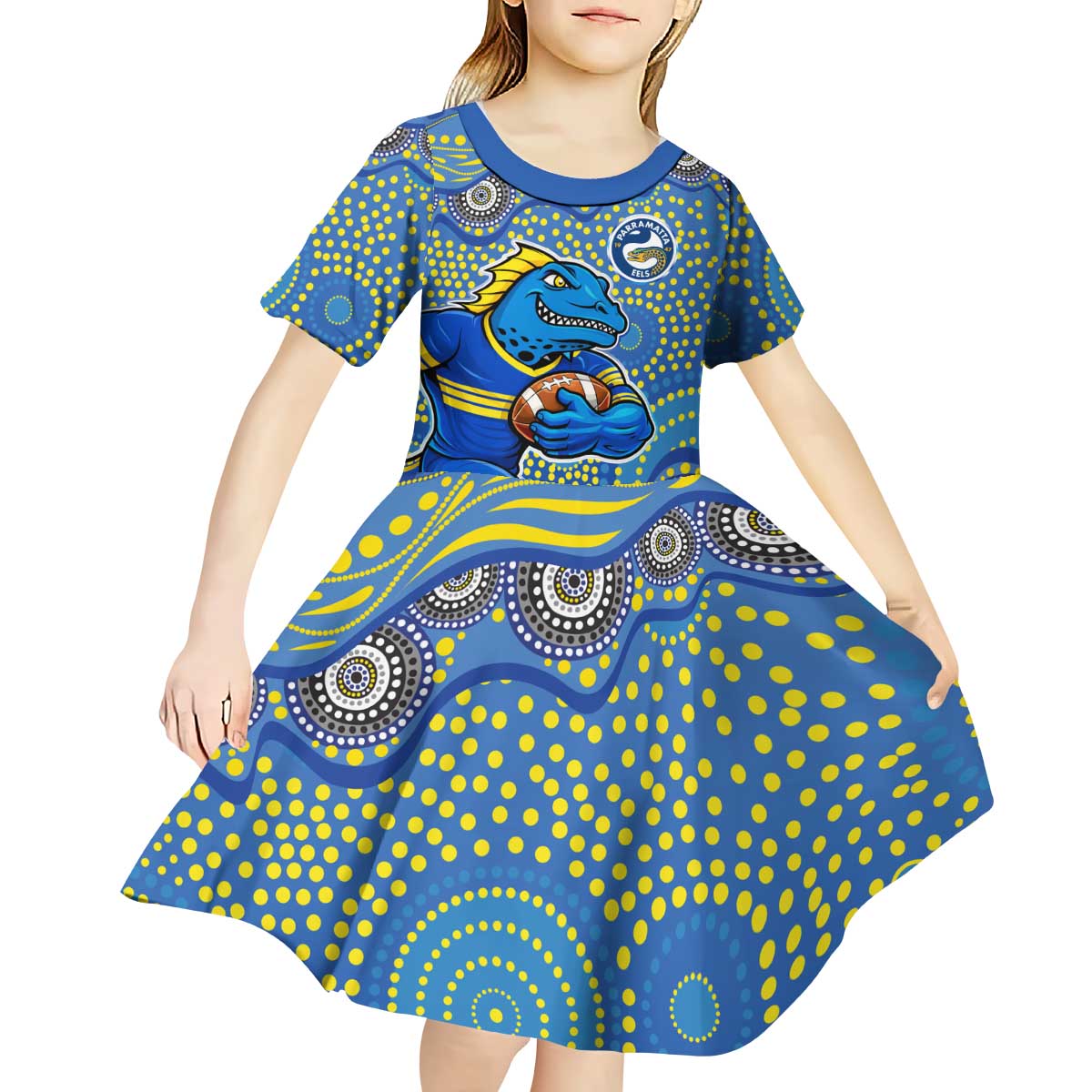Parramatta Eels Kid Short Sleeve Dress Aboriginal Dot Pattern - Rugby Mascot Heritage Pride