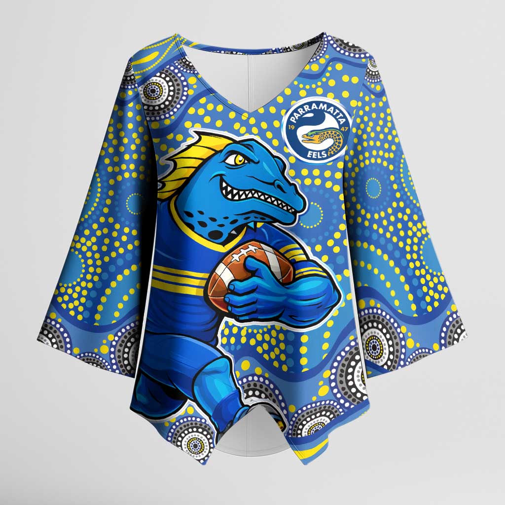 Parramatta Eels Kimono Sleeve Blouse Aboriginal Dot Pattern - Rugby Mascot Heritage Pride