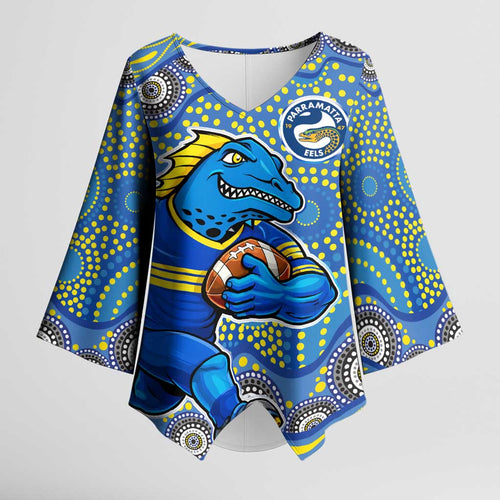 Parramatta Eels Kimono Sleeve Blouse Aboriginal Dot Pattern - Rugby Mascot Heritage Pride