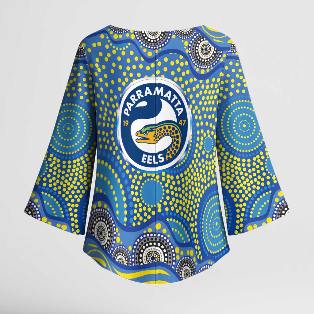 Parramatta Eels Kimono Sleeve Blouse Aboriginal Dot Pattern - Rugby Mascot Heritage Pride