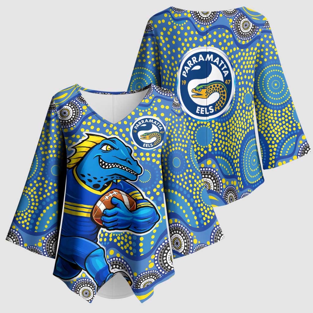 Parramatta Eels Kimono Sleeve Blouse Aboriginal Dot Pattern - Rugby Mascot Heritage Pride