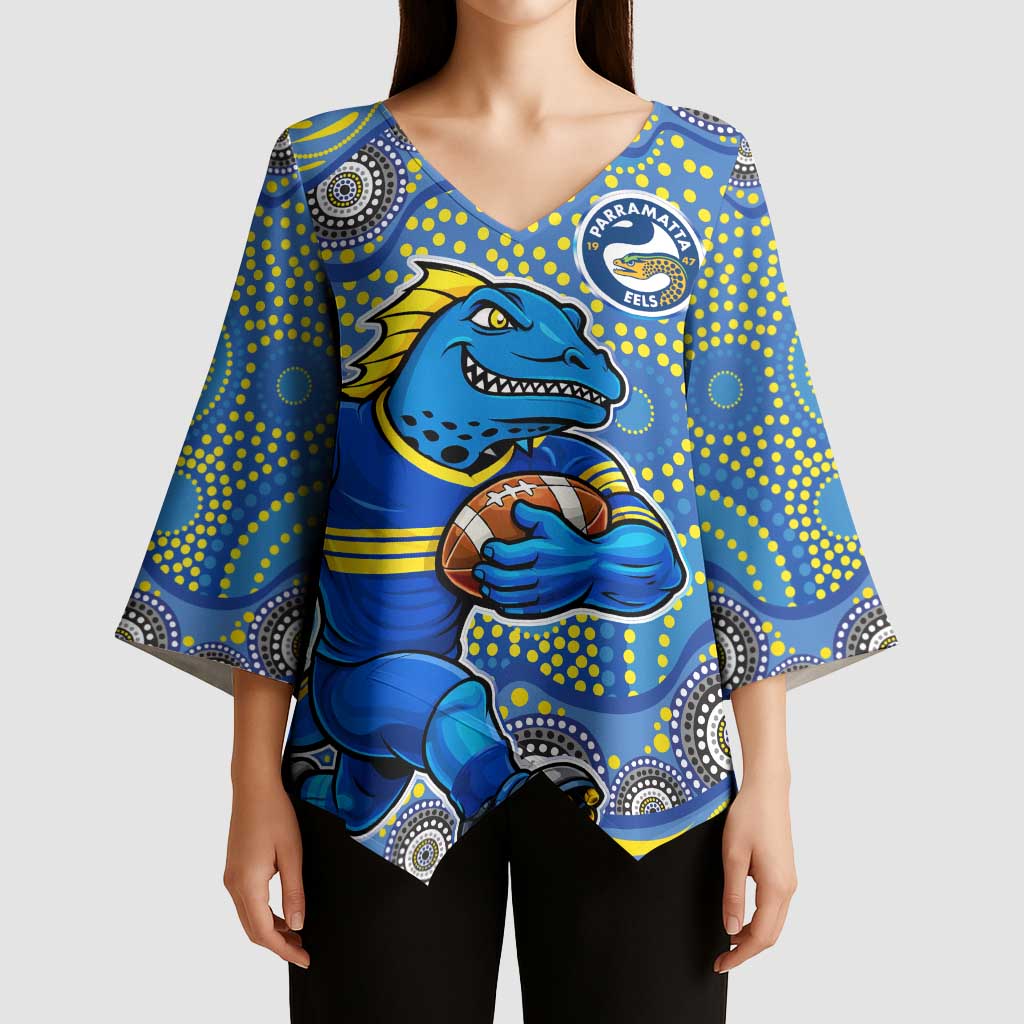 Parramatta Eels Kimono Sleeve Blouse Aboriginal Dot Pattern - Rugby Mascot Heritage Pride