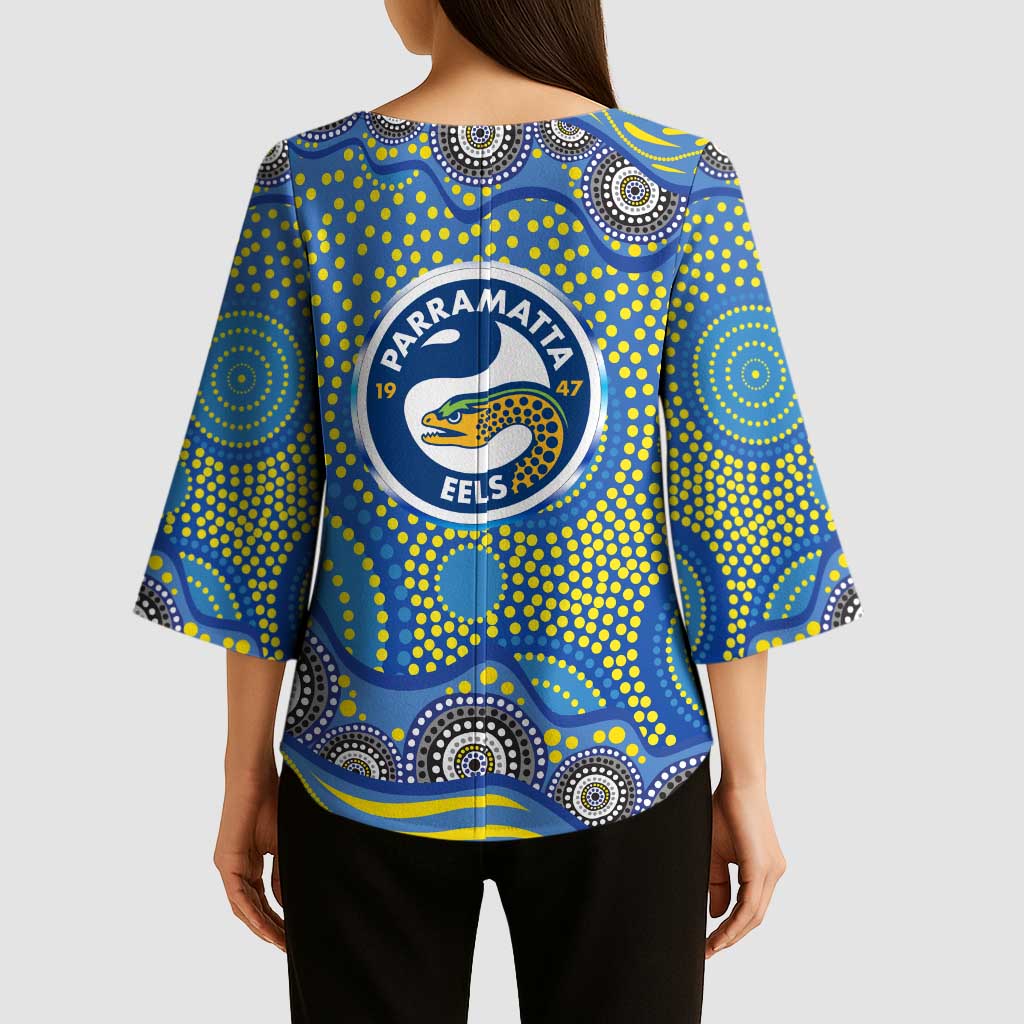 Parramatta Eels Kimono Sleeve Blouse Aboriginal Dot Pattern - Rugby Mascot Heritage Pride
