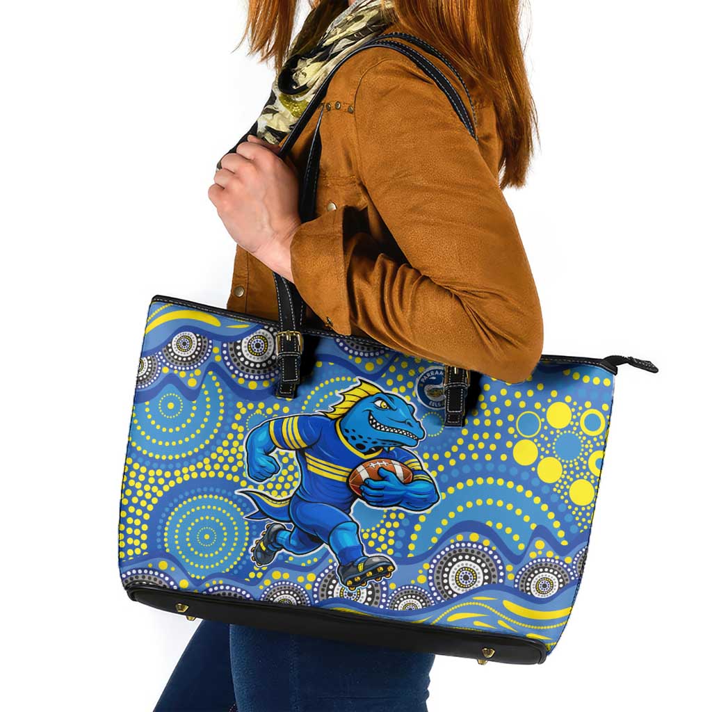 Parramatta Eels Leather Tote Bag Aboriginal Dot Pattern - Rugby Mascot Heritage Pride