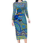 Parramatta Eels Long Sleeve Bodycon Dress Aboriginal Dot Pattern - Rugby Mascot Heritage Pride