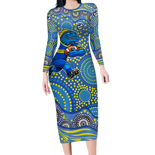 Parramatta Eels Long Sleeve Bodycon Dress Aboriginal Dot Pattern - Rugby Mascot Heritage Pride