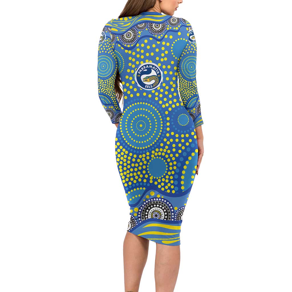 Parramatta Eels Long Sleeve Bodycon Dress Aboriginal Dot Pattern - Rugby Mascot Heritage Pride