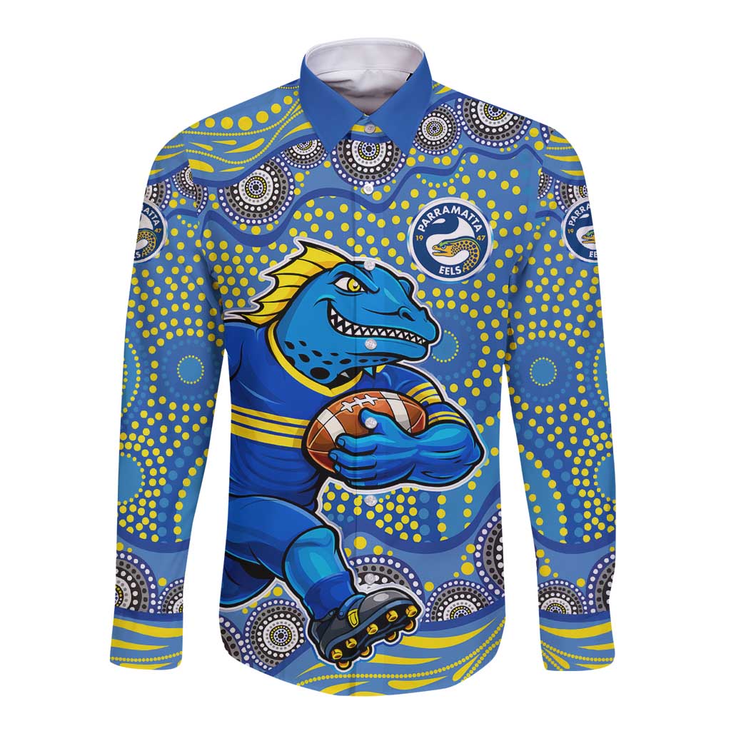 Parramatta Eels Long Sleeve Button Shirt Aboriginal Dot Pattern - Rugby Mascot Heritage Pride