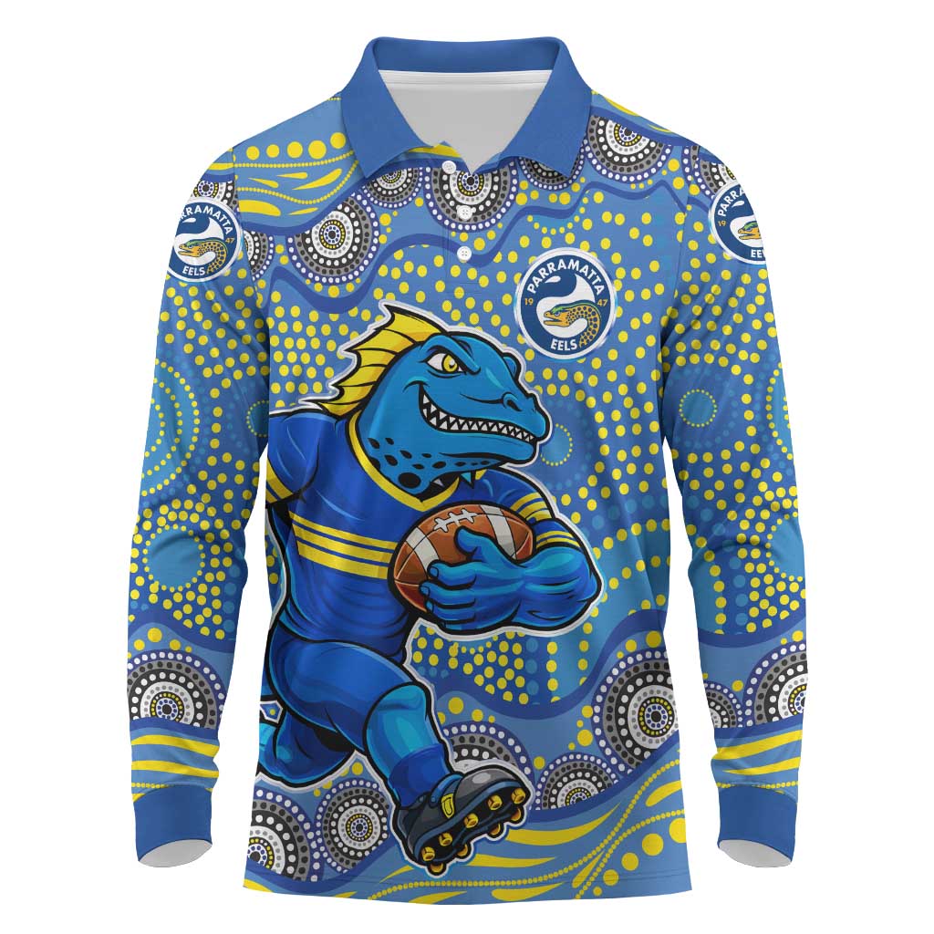 Parramatta Eels Long Sleeve Polo Shirt Aboriginal Dot Pattern - Rugby Mascot Heritage Pride