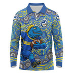 Parramatta Eels Long Sleeve Polo Shirt Aboriginal Dot Pattern - Rugby Mascot Heritage Pride