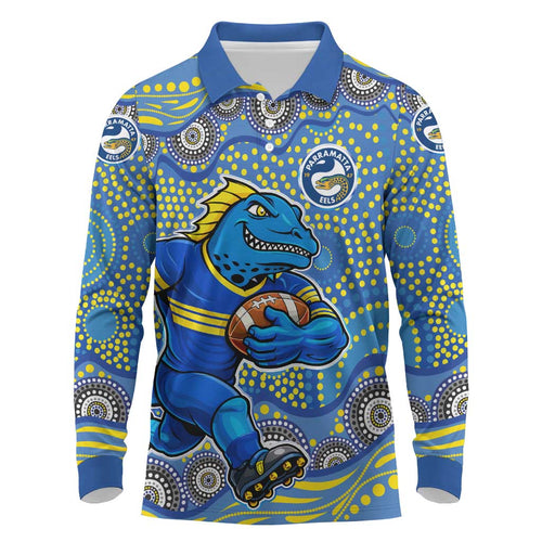 Parramatta Eels Long Sleeve Polo Shirt Aboriginal Dot Pattern - Rugby Mascot Heritage Pride