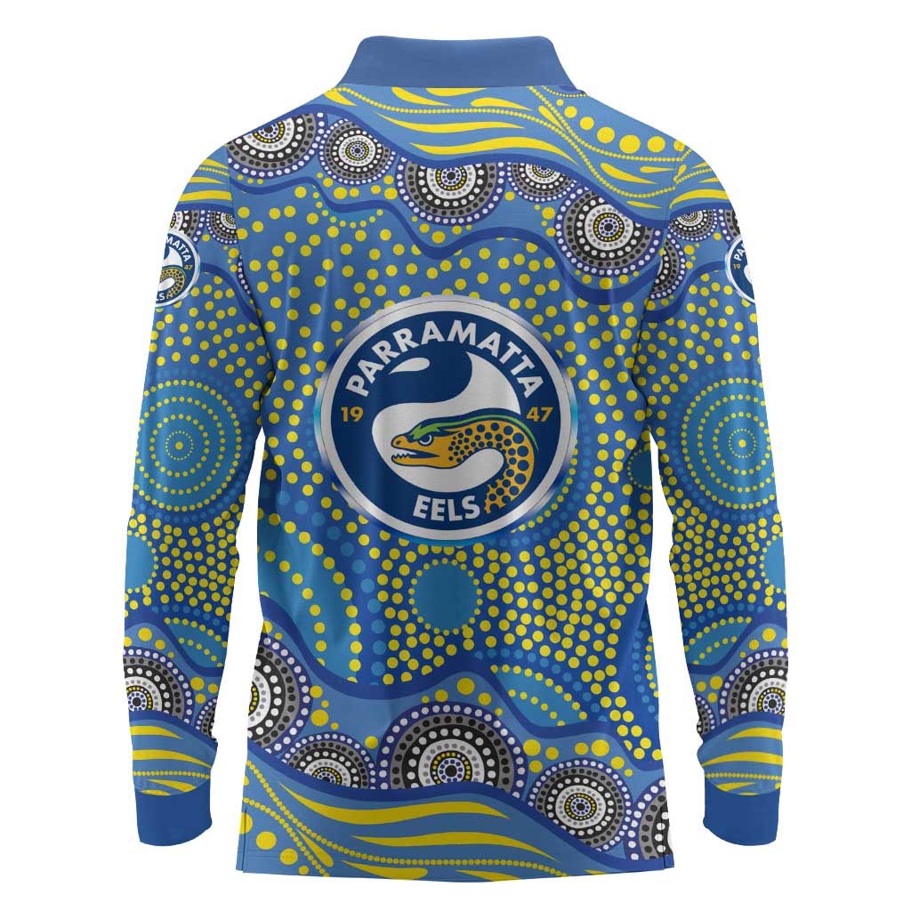 Parramatta Eels Long Sleeve Polo Shirt Aboriginal Dot Pattern - Rugby Mascot Heritage Pride