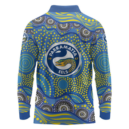 Parramatta Eels Long Sleeve Polo Shirt Aboriginal Dot Pattern - Rugby Mascot Heritage Pride
