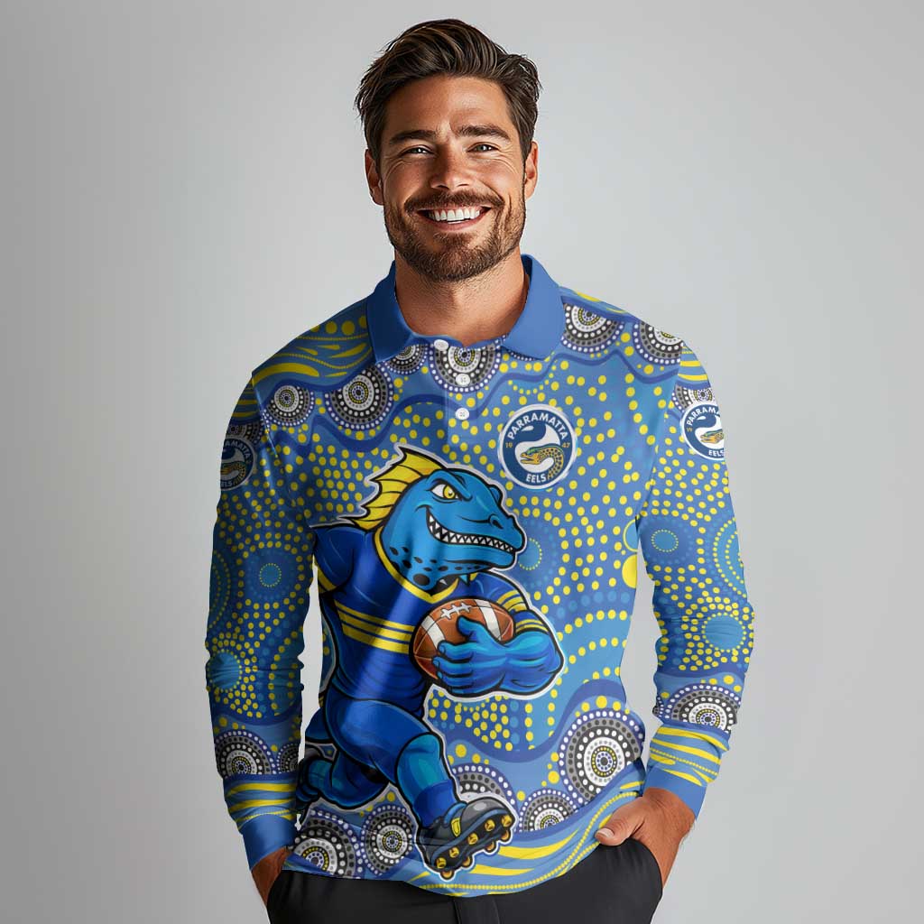 Parramatta Eels Long Sleeve Polo Shirt Aboriginal Dot Pattern - Rugby Mascot Heritage Pride