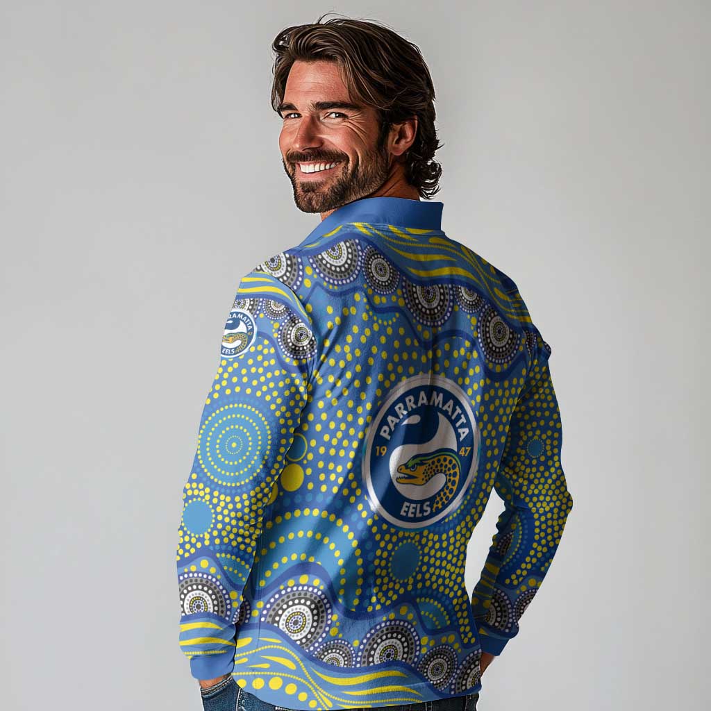 Parramatta Eels Long Sleeve Polo Shirt Aboriginal Dot Pattern - Rugby Mascot Heritage Pride