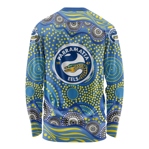 Parramatta Eels Long Sleeve Shirt Aboriginal Dot Pattern - Rugby Mascot Heritage Pride