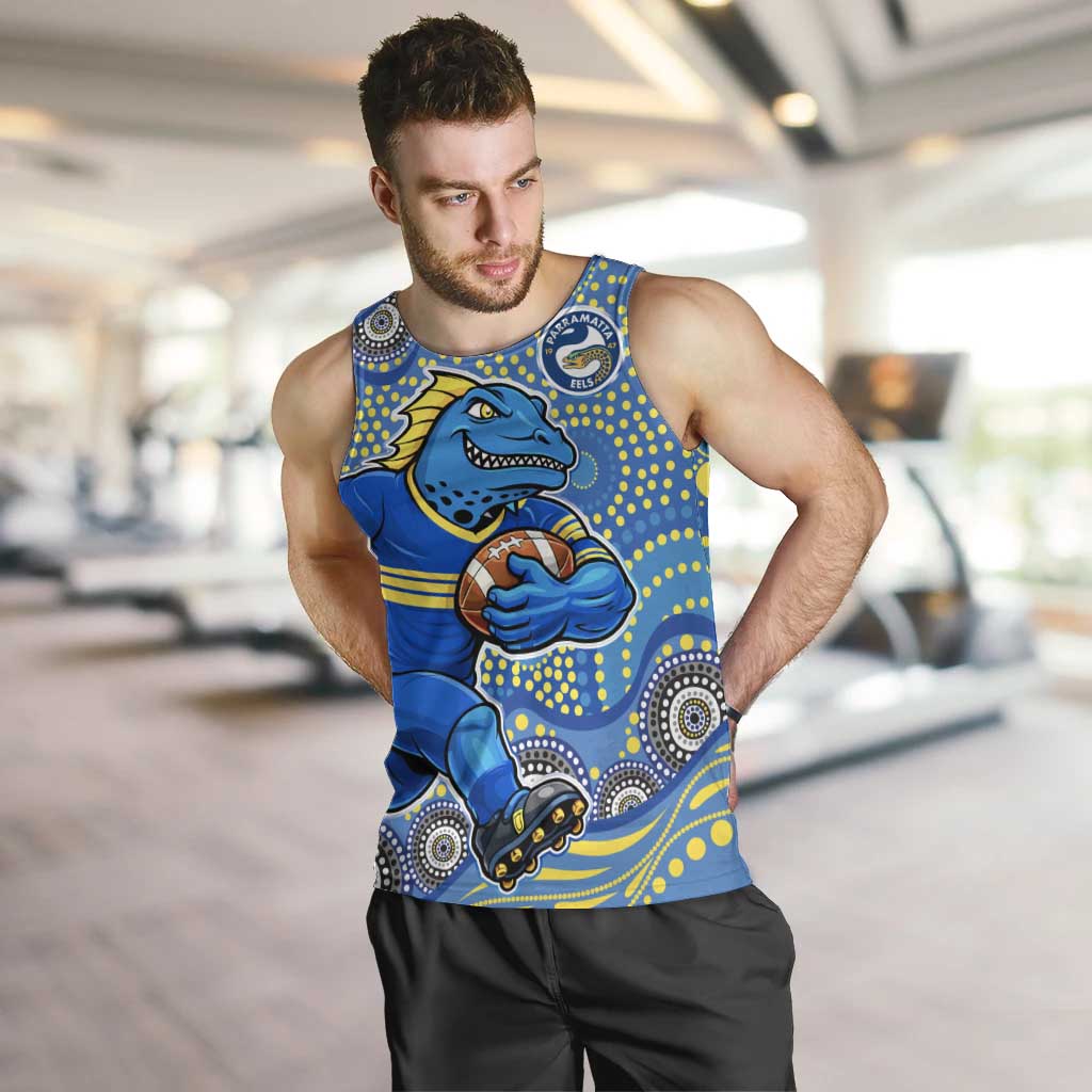 Parramatta Eels Men Tank Top Aboriginal Dot Pattern - Rugby Mascot Heritage Pride