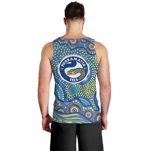 Parramatta Eels Men Tank Top Aboriginal Dot Pattern - Rugby Mascot Heritage Pride