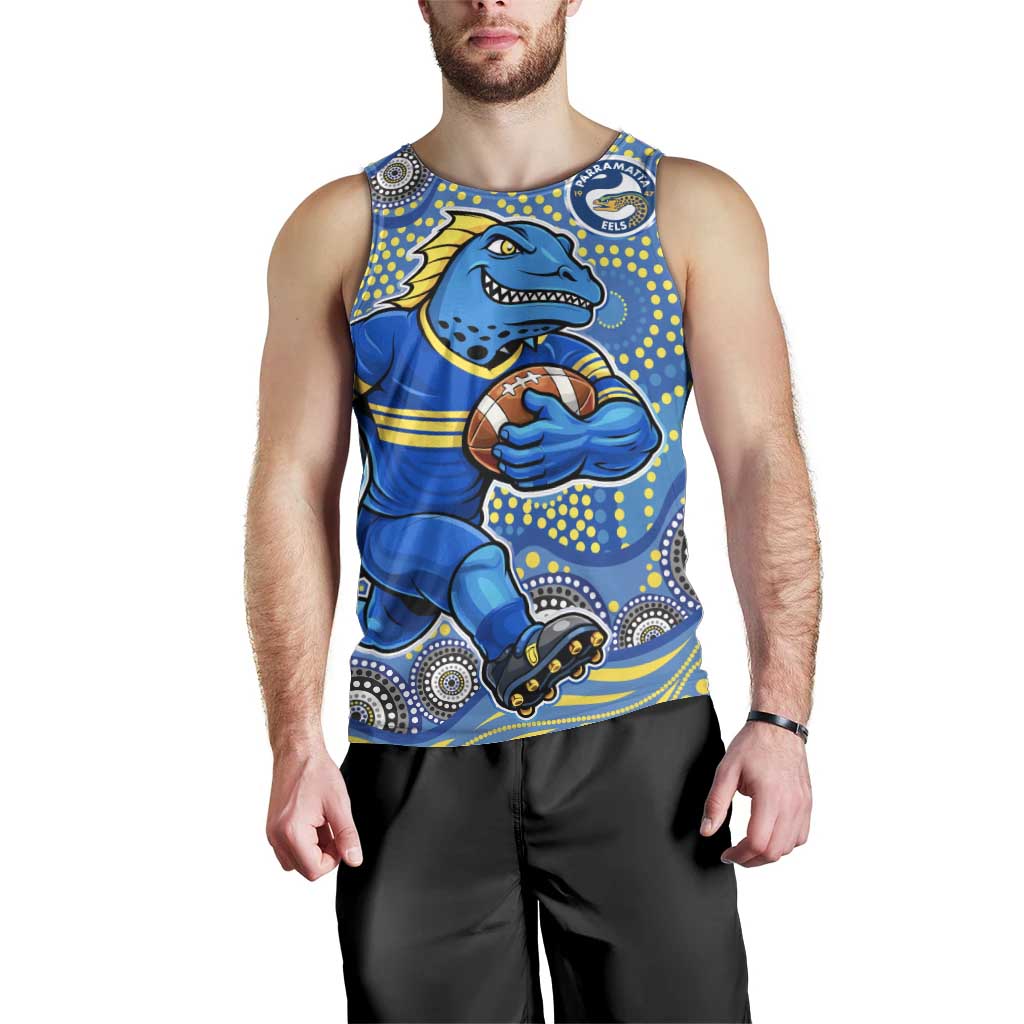 Parramatta Eels Men Tank Top Aboriginal Dot Pattern - Rugby Mascot Heritage Pride