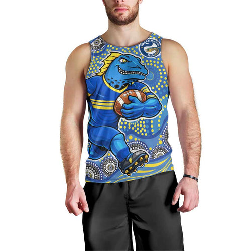 Parramatta Eels Men Tank Top Aboriginal Dot Pattern - Rugby Mascot Heritage Pride