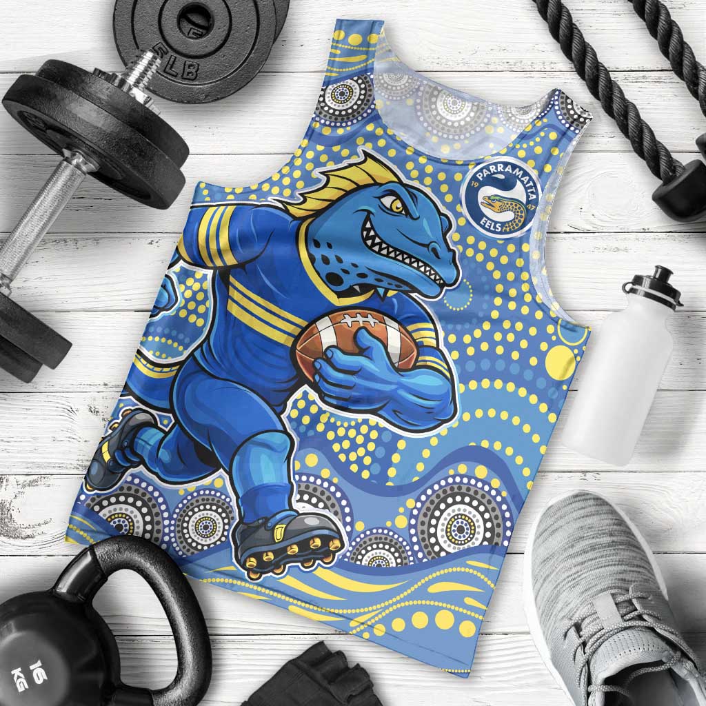 Parramatta Eels Men Tank Top Aboriginal Dot Pattern - Rugby Mascot Heritage Pride
