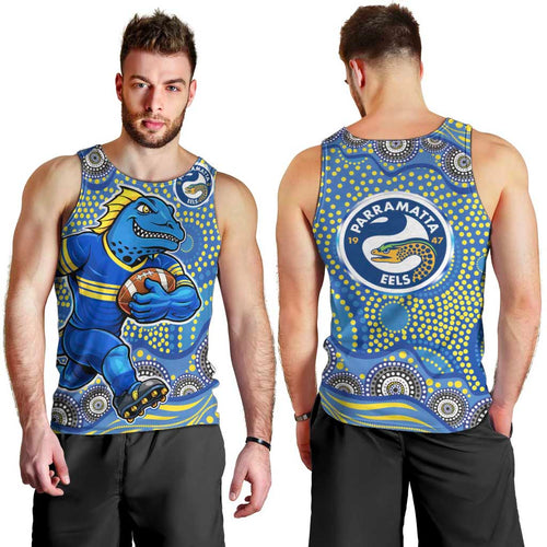 Parramatta Eels Men Tank Top Aboriginal Dot Pattern - Rugby Mascot Heritage Pride