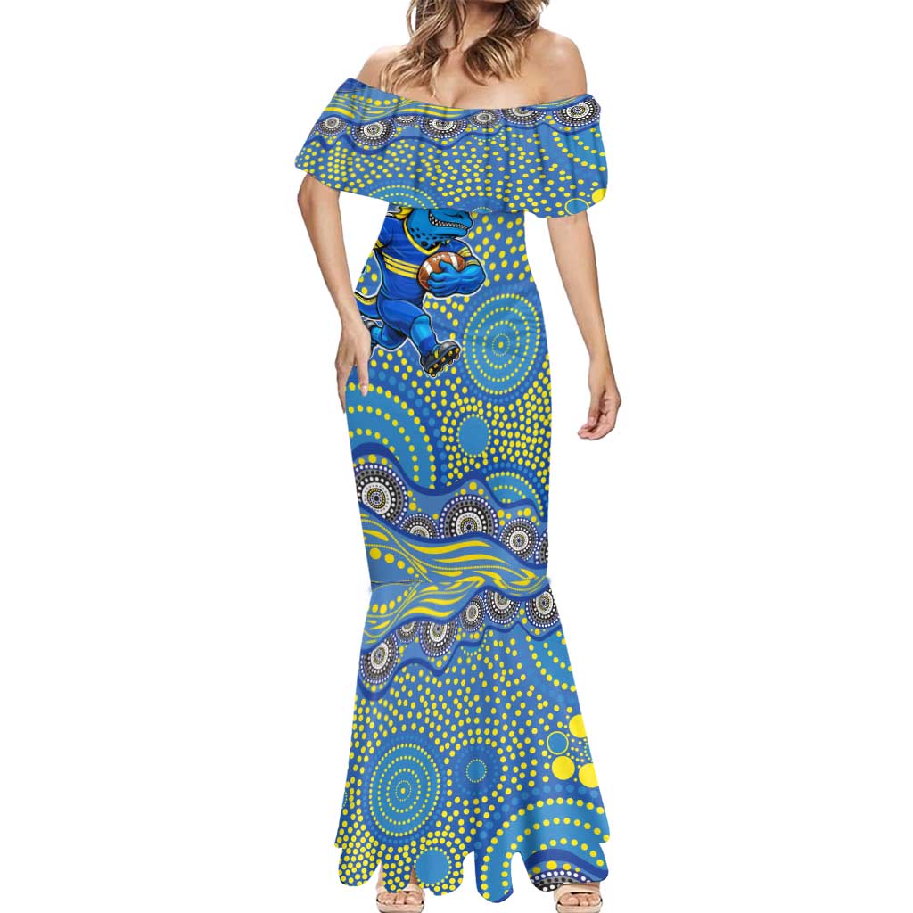 Parramatta Eels Mermaid Dress Aboriginal Dot Pattern - Rugby Mascot Heritage Pride