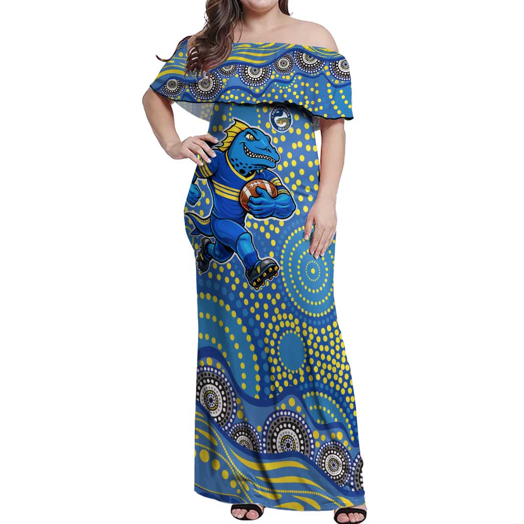 Parramatta Eels Off Shoulder Maxi Dress Aboriginal Dot Pattern - Rugby Mascot Heritage Pride