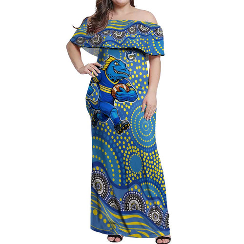 Parramatta Eels Off Shoulder Maxi Dress Aboriginal Dot Pattern - Rugby Mascot Heritage Pride