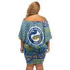 Parramatta Eels Off Shoulder Short Dress Aboriginal Dot Pattern - Rugby Mascot Heritage Pride
