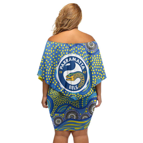 Parramatta Eels Off Shoulder Short Dress Aboriginal Dot Pattern - Rugby Mascot Heritage Pride