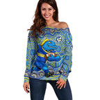 Parramatta Eels Off Shoulder Sweater Aboriginal Dot Pattern - Rugby Mascot Heritage Pride
