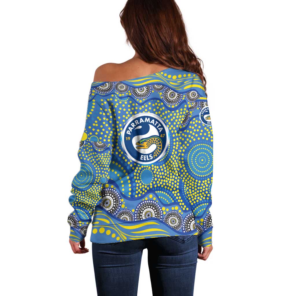 Parramatta Eels Off Shoulder Sweater Aboriginal Dot Pattern - Rugby Mascot Heritage Pride