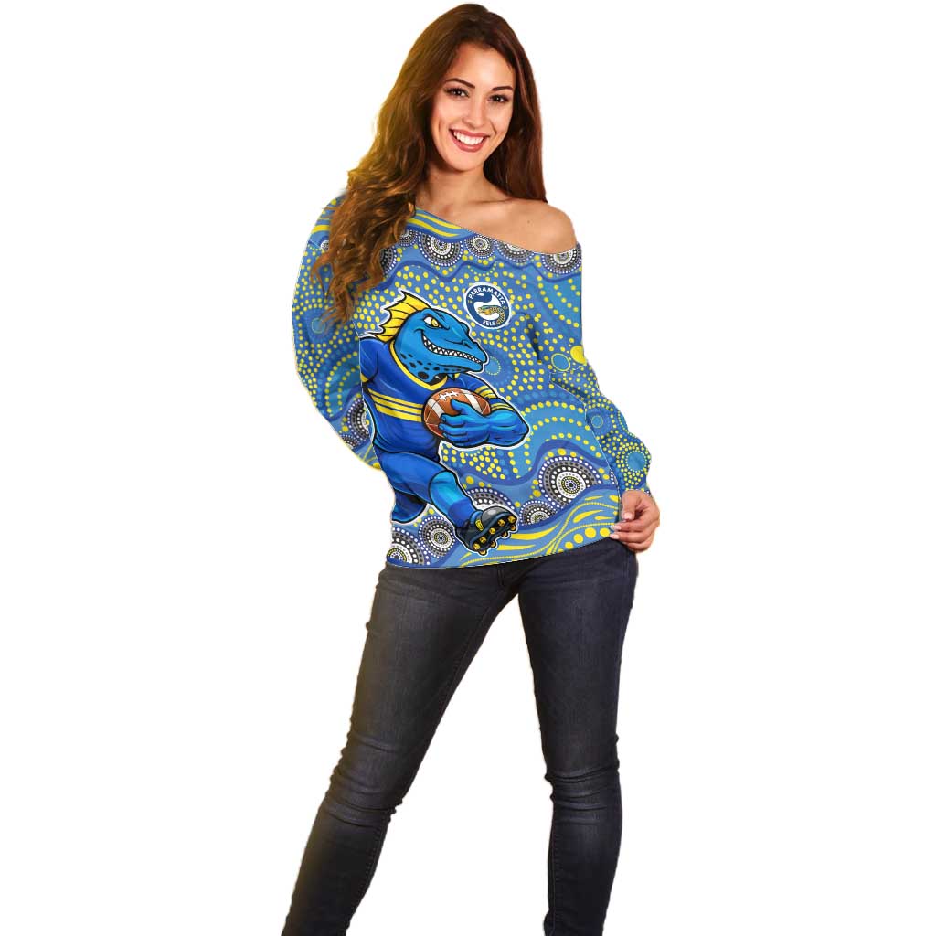 Parramatta Eels Off Shoulder Sweater Aboriginal Dot Pattern - Rugby Mascot Heritage Pride