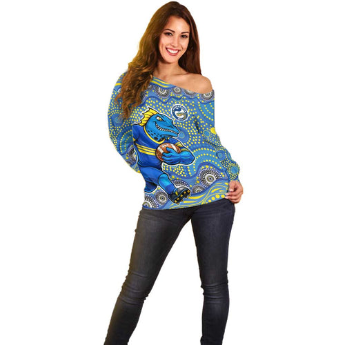 Parramatta Eels Off Shoulder Sweater Aboriginal Dot Pattern - Rugby Mascot Heritage Pride