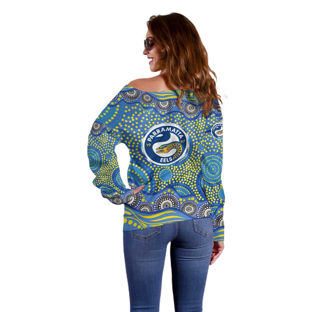 Parramatta Eels Off Shoulder Sweater Aboriginal Dot Pattern - Rugby Mascot Heritage Pride