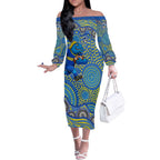 Parramatta Eels Off The Shoulder Long Sleeve Dress Aboriginal Dot Pattern - Rugby Mascot Heritage Pride