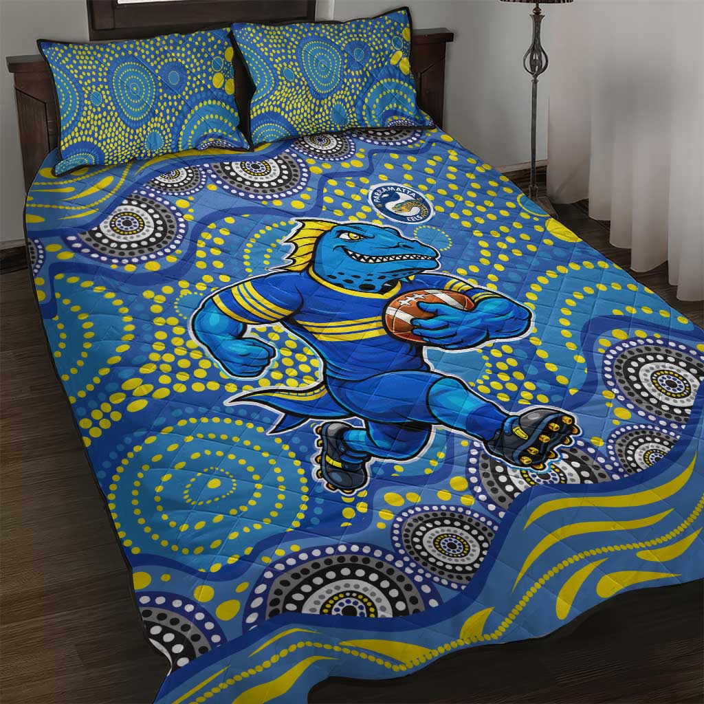 Parramatta Eels Quilt Bed Set Aboriginal Dot Pattern - Rugby Mascot Heritage Pride