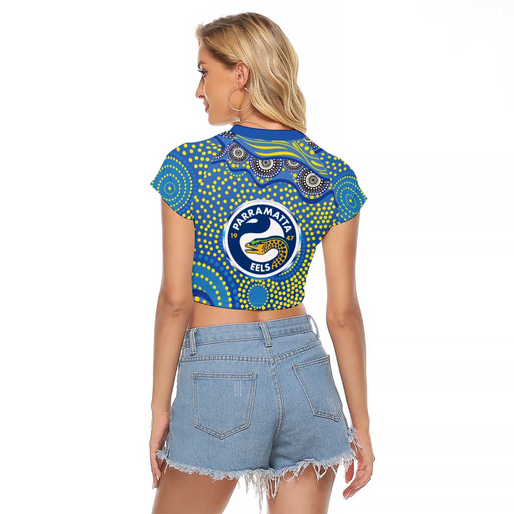 Parramatta Eels Raglan Cropped T Shirt Aboriginal Dot Pattern - Rugby Mascot Heritage Pride