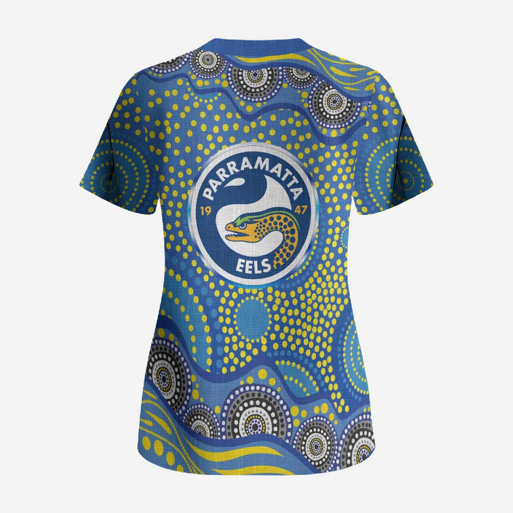 Parramatta Eels Scrub Top Aboriginal Dot Pattern - Rugby Mascot Heritage Pride