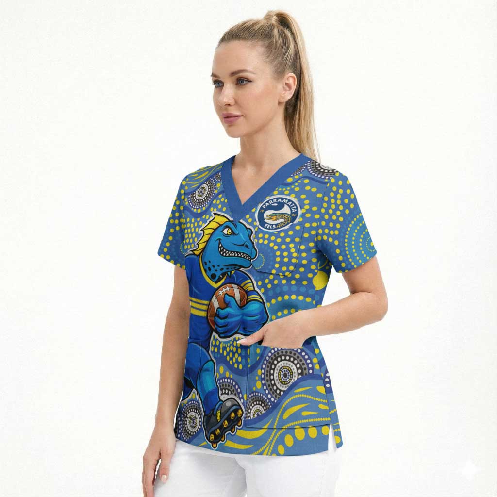 Parramatta Eels Scrub Top Aboriginal Dot Pattern - Rugby Mascot Heritage Pride