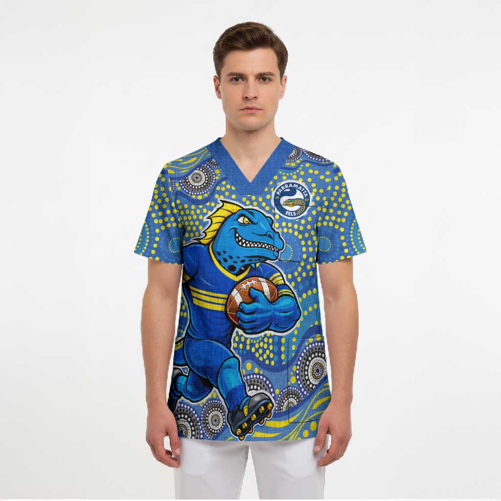 Parramatta Eels Scrub Top Aboriginal Dot Pattern - Rugby Mascot Heritage Pride