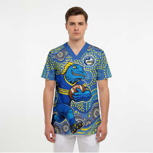 Parramatta Eels Scrub Top Aboriginal Dot Pattern - Rugby Mascot Heritage Pride