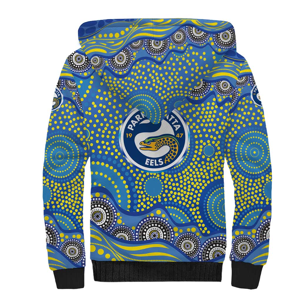 Parramatta Eels Sherpa Hoodie Aboriginal Dot Pattern - Rugby Mascot Heritage Pride