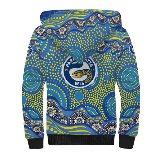 Parramatta Eels Sherpa Hoodie Aboriginal Dot Pattern - Rugby Mascot Heritage Pride