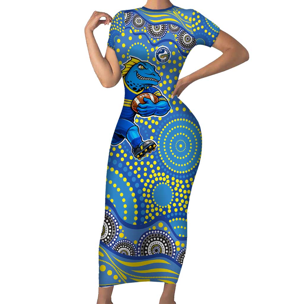 Parramatta Eels Short Sleeve Bodycon Dress Aboriginal Dot Pattern - Rugby Mascot Heritage Pride
